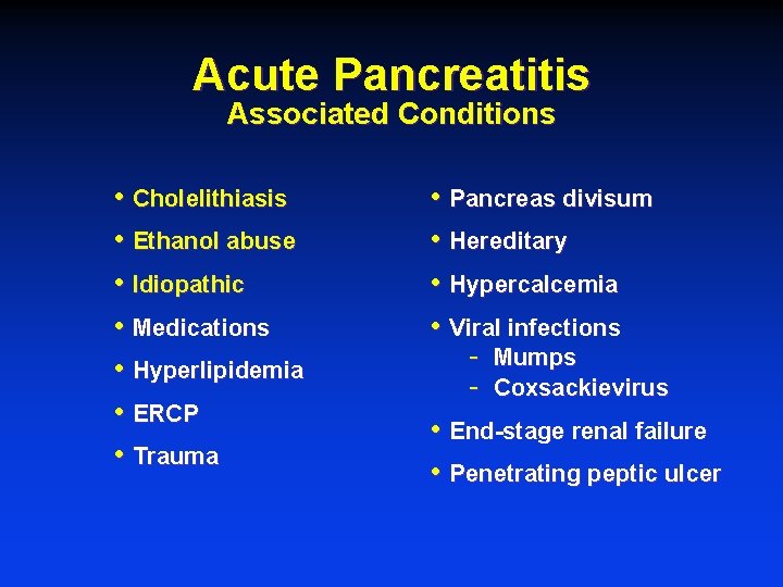 Acute Pancreatitis Associated Conditions • Cholelithiasis • Ethanol abuse • Idiopathic • Medications •