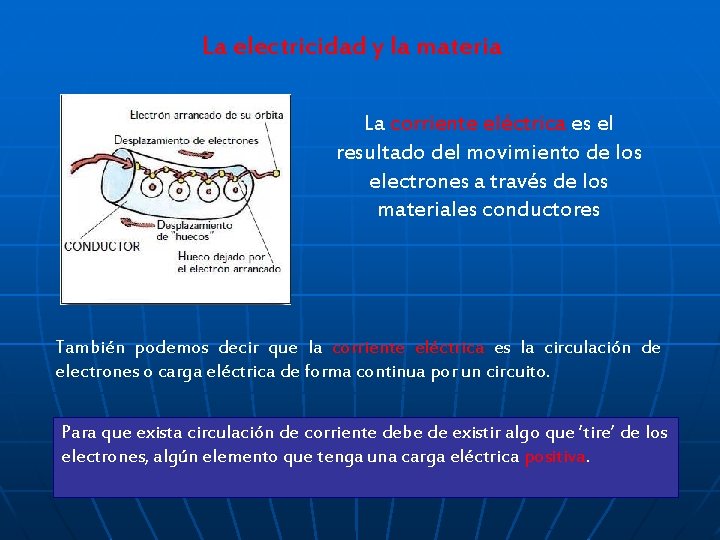 La electricidad y la materia La corriente eléctrica es el resultado del movimiento de