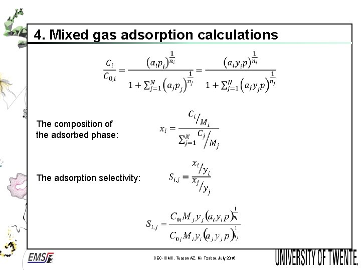 4. Mixed gas adsorption calculations The composition of the adsorbed phase: The adsorption selectivity: