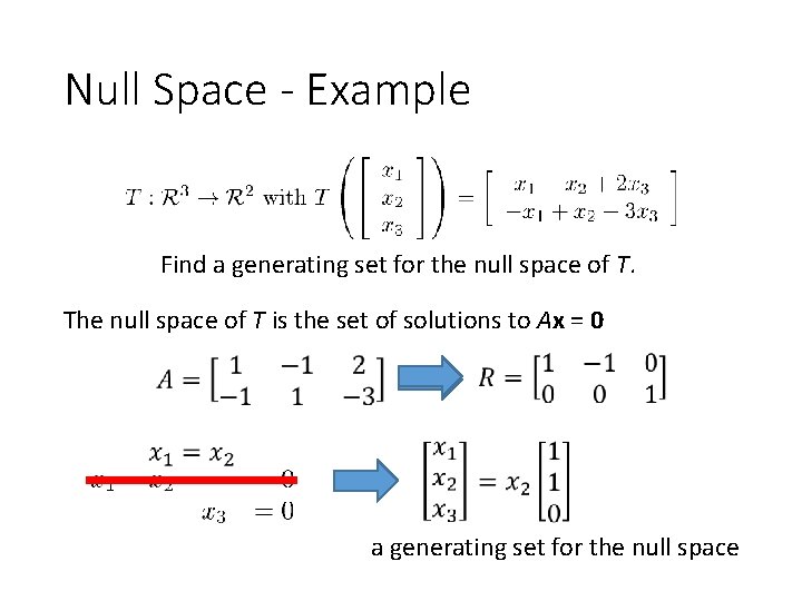 Null Space - Example Find a generating set for the null space of T.