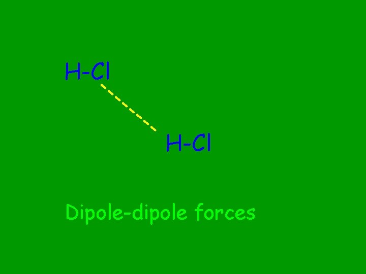 H-Cl --- -- -- H-Cl Dipole-dipole forces H-Cl --- -- -- H-Cl Dipole-dipole forces
