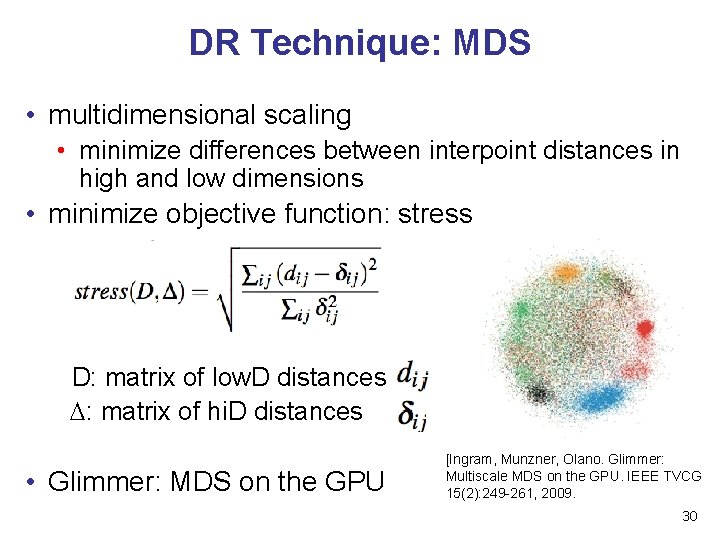 DR Technique: MDS • multidimensional scaling • minimize differences between interpoint distances in high