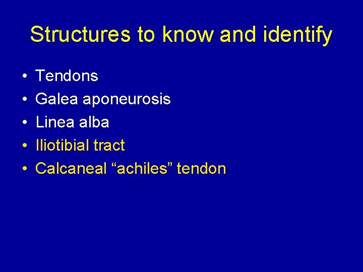 Structures to know and identify • • • Tendons Galea aponeurosis Linea alba Iliotibial