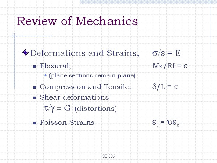 Review of Mechanics Deformations and Strains, n = E Mx/EI = Flexural, w (plane