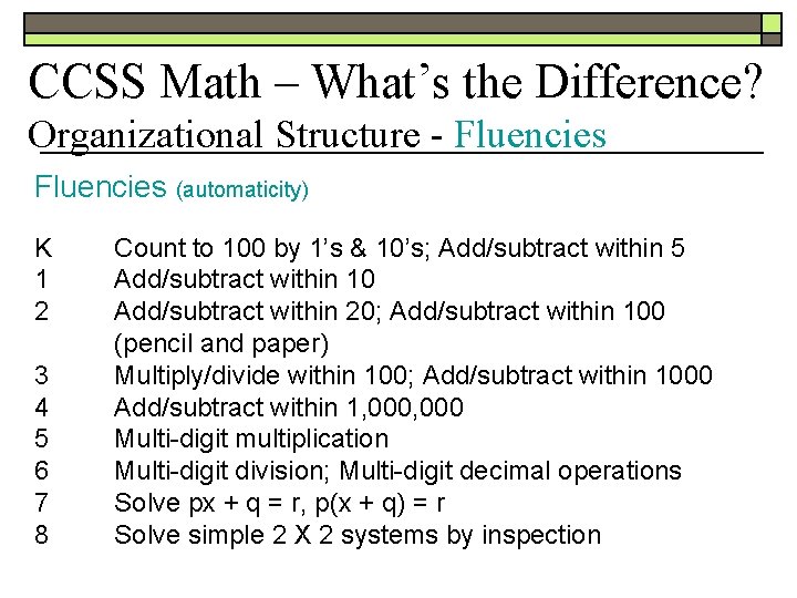 CCSS Math – What’s the Difference? Organizational Structure - Fluencies (automaticity) Grade Required Fluency