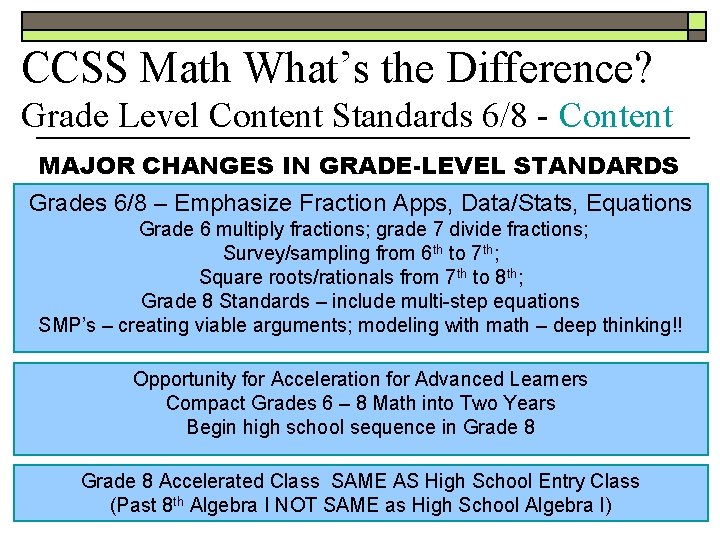 CCSS Math What’s the Difference? Grade Level Content Standards 6/8 - Content MAJOR CHANGES