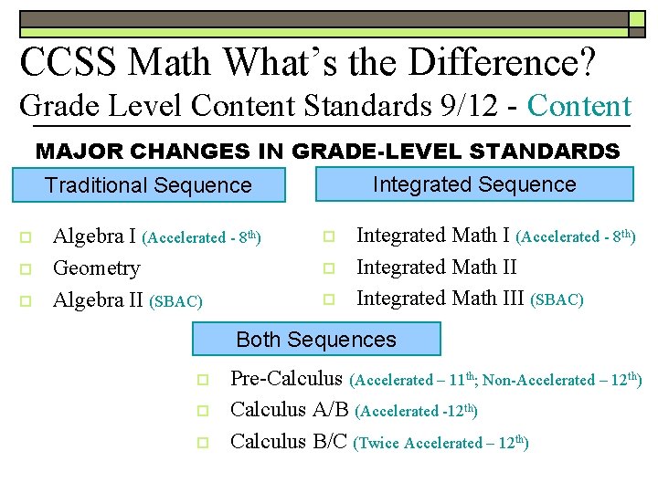 CCSS Math What’s the Difference? Grade Level Content Standards 9/12 - Content MAJOR CHANGES