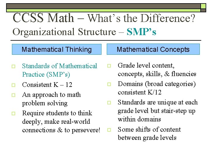 CCSS Math – What’s the Difference? Organizational Structure – SMP’s Mathematical Concepts Mathematical Thinking