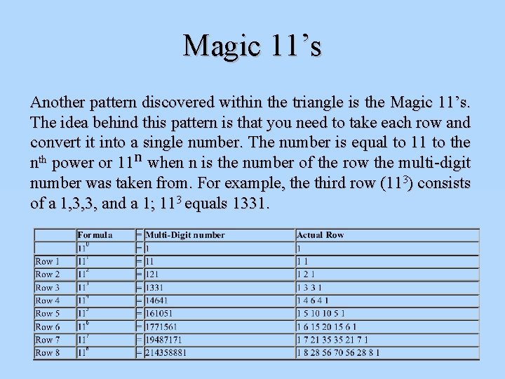 Magic 11’s Another pattern discovered within the triangle is the Magic 11’s. The idea