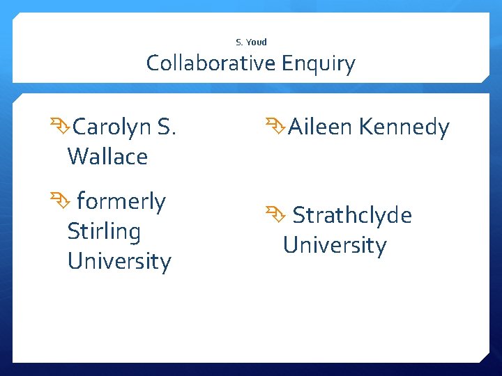 S. Youd Collaborative Enquiry Carolyn S. Wallace formerly Stirling University Aileen Kennedy Strathclyde University