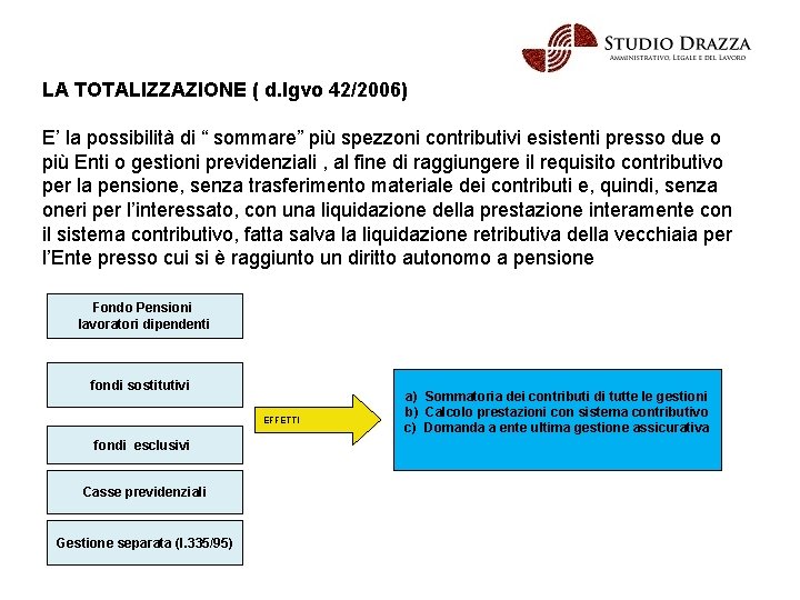 LA TOTALIZZAZIONE ( d. lgvo 42/2006) E’ la possibilità di “ sommare” più spezzoni