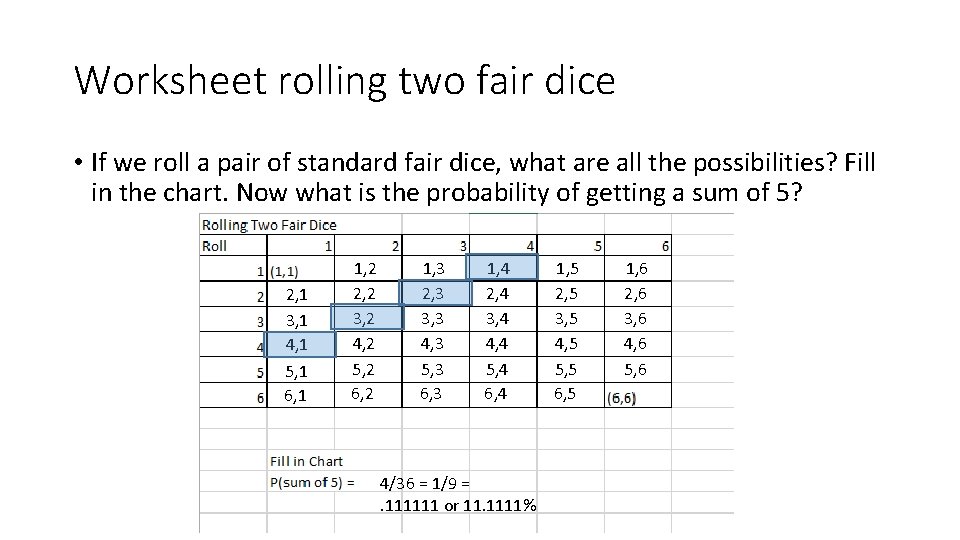 Worksheet rolling two fair dice • If we roll a pair of standard fair