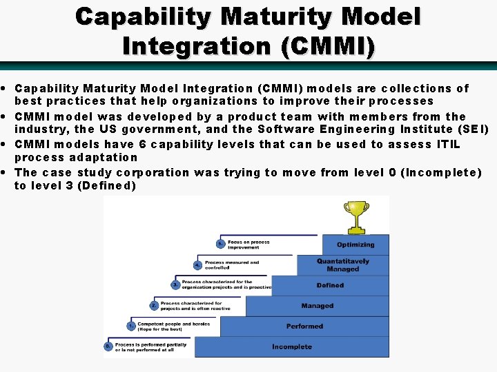 Capability Maturity Model Integration (CMMI) • Capability Maturity Model Integration (CMMI) models are collections