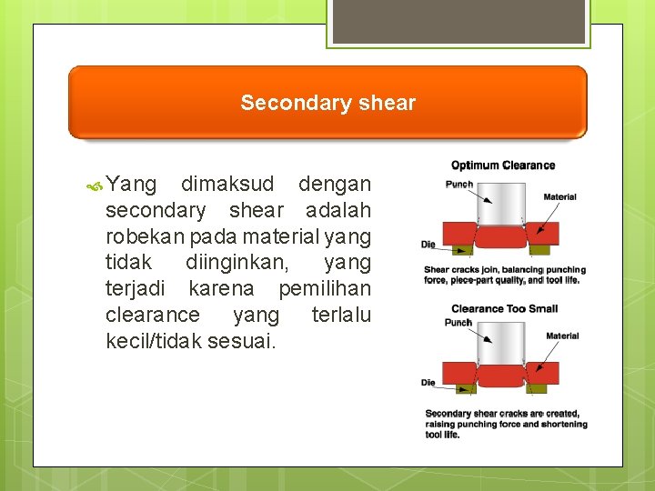 Secondary shear Yang dimaksud dengan secondary shear adalah robekan pada material yang tidak diinginkan,