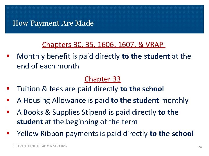 How Payment Are Made Chapters 30, 35, 1606, 1607, & VRAP § Monthly benefit