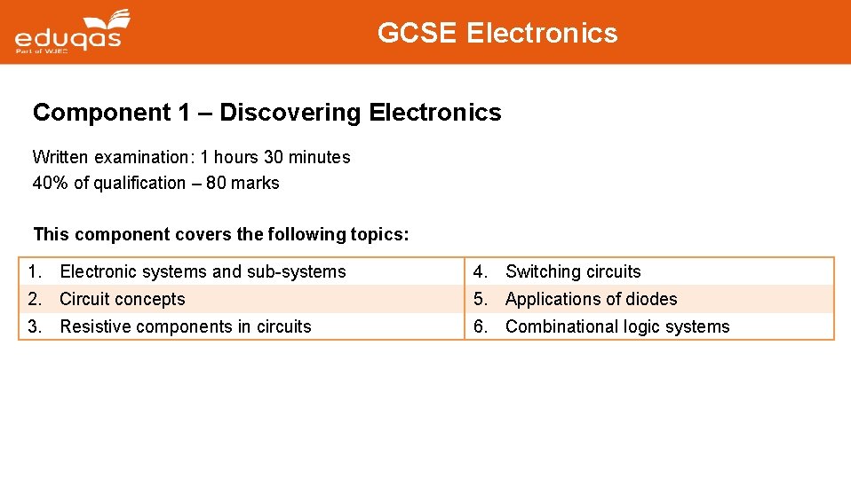 GCSE Electronics Component 1 – Discovering Electronics Written examination: 1 hours 30 minutes 40%