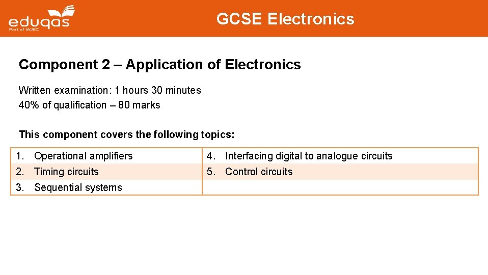 GCSE Electronics Component 2 – Application of Electronics Written examination: 1 hours 30 minutes