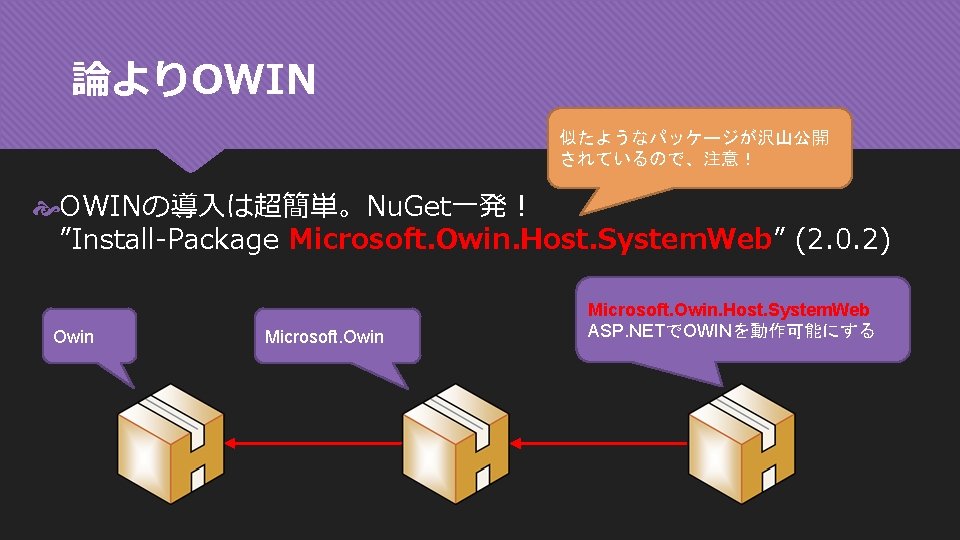 論よりOWIN 似たようなパッケージが沢山公開 されているので、注意！ OWINの導入は超簡単。Nu. Get一発！ ”Install-Package Microsoft. Owin. Host. System. Web” (2. 0. 2)