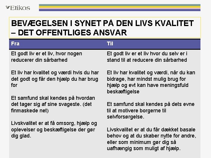 BEVÆGELSEN I SYNET PÅ DEN LIVS KVALITET – DET OFFENTLIGES ANSVAR Fra Til Et