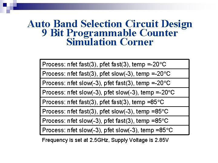 Auto Band Selection Circuit Design 9 Bit Programmable Counter Simulation Corner Process: nfet fast(3),