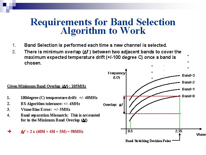 Requirements for Band Selection Algorithm to Work 1. 2. Band Selection is performed each