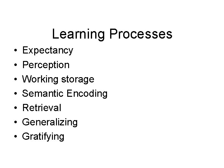 Learning Processes • • Expectancy Perception Working storage Semantic Encoding Retrieval Generalizing Gratifying 