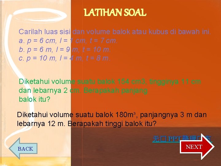 LATIHAN SOAL Carilah luas sisi dan volume balok atau kubus di bawah ini. a.