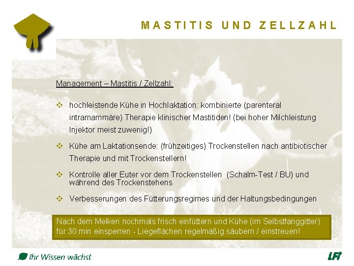 MASTITIS UND ZELLZAHL Management – Mastitis / Zellzahl: v hochleistende Kühe in Hochlaktation: kombinierte