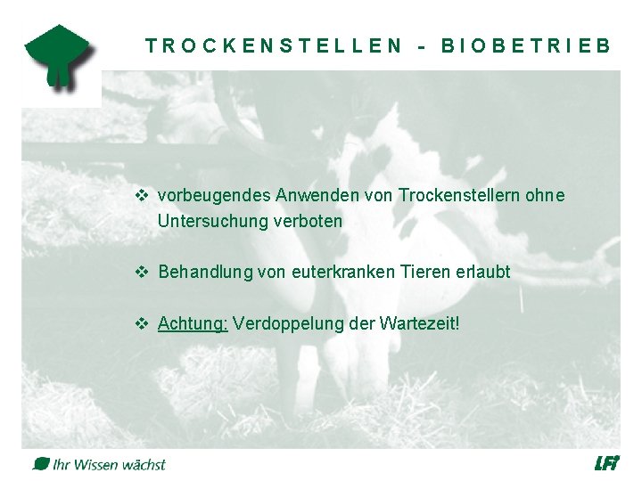TROCKENSTELLEN - BIOBETRIEB v vorbeugendes Anwenden von Trockenstellern ohne Untersuchung verboten v Behandlung von