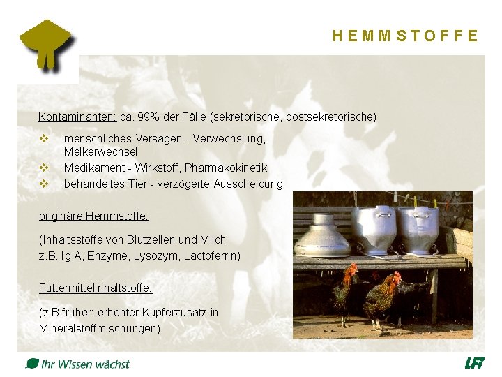 HEMMSTOFFE Kontaminanten: ca. 99% der Fälle (sekretorische, postsekretorische) v v v menschliches Versagen -