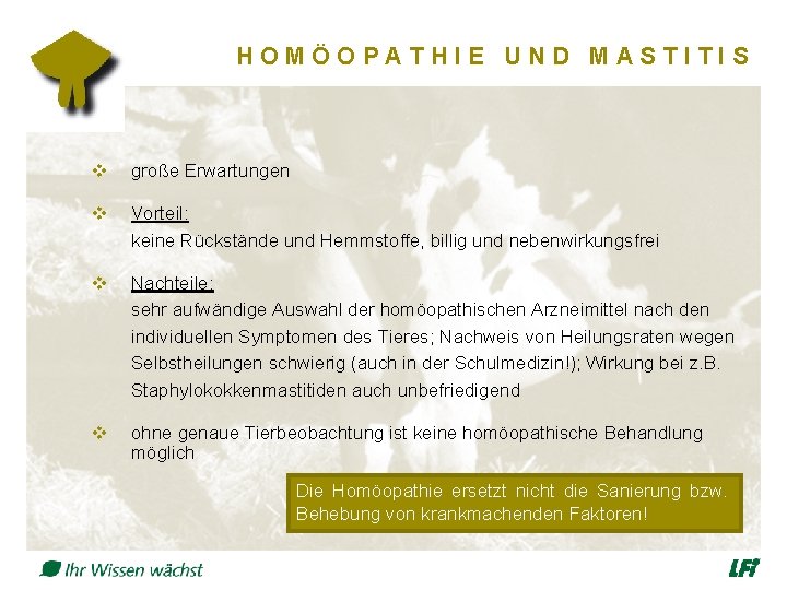 HOMÖOPATHIE UND MASTITIS v große Erwartungen v Vorteil: keine Rückstände und Hemmstoffe, billig und