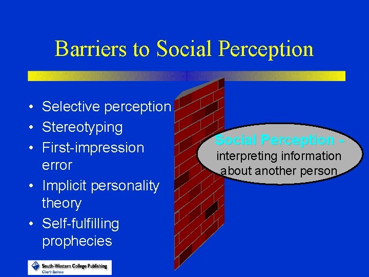 Barriers to Social Perception • Selective perception • Stereotyping • First-impression error • Implicit