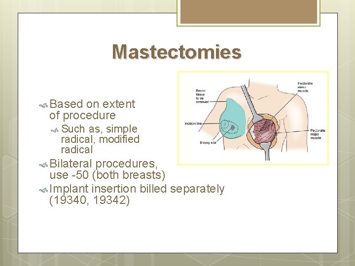 Mastectomies Based on extent of procedure Such as, simple radical, modified radical Bilateral procedures, Mastectomies Based on extent of procedure Such as, simple radical, modified radical Bilateral procedures,