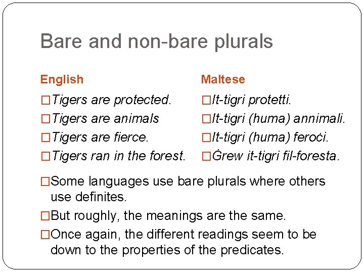 Bare and non-bare plurals English Maltese �Tigers are protected. �It-tigri protetti. �Tigers are animals