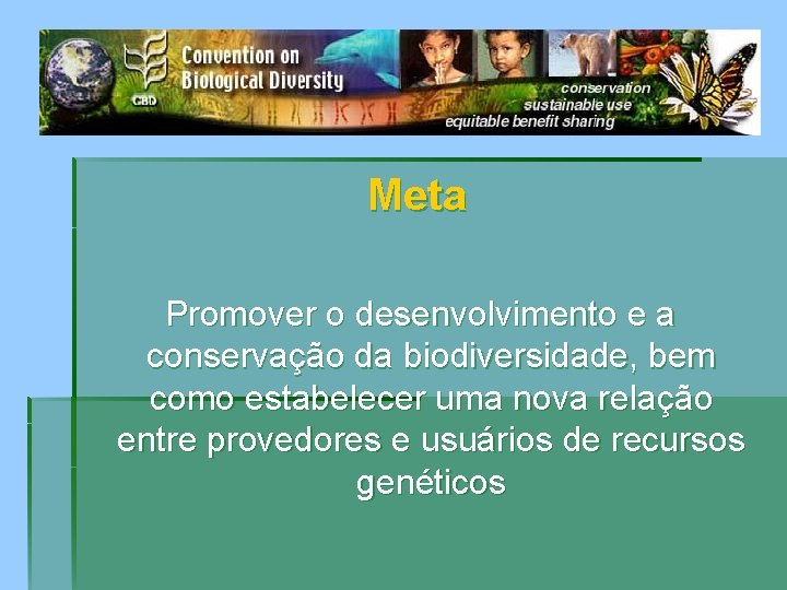 Meta Promover o desenvolvimento e a conservação da biodiversidade, bem como estabelecer uma nova