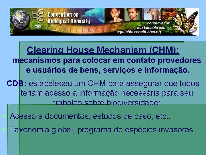 Clearing House Mechanism (CHM): mecanismos para colocar em contato provedores e usuários de bens,