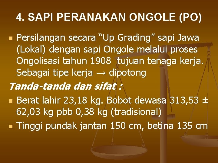 4. SAPI PERANAKAN ONGOLE (PO) n Persilangan secara “Up Grading” sapi Jawa (Lokal) dengan