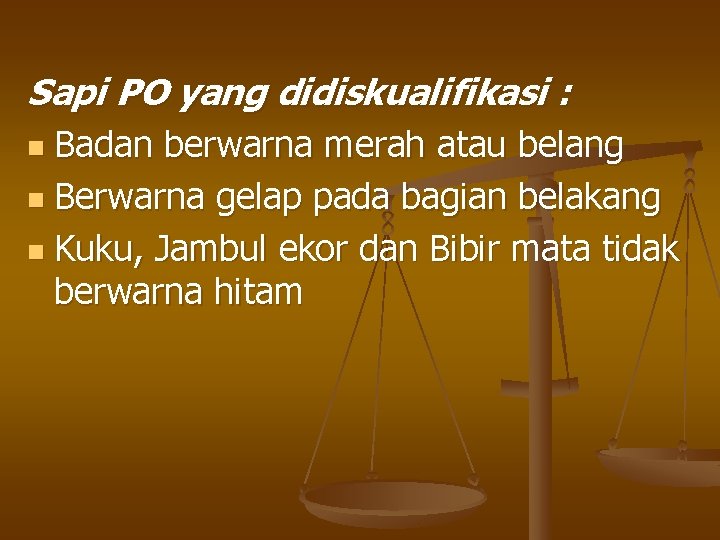 Sapi PO yang didiskualifikasi : Badan berwarna merah atau belang n Berwarna gelap pada