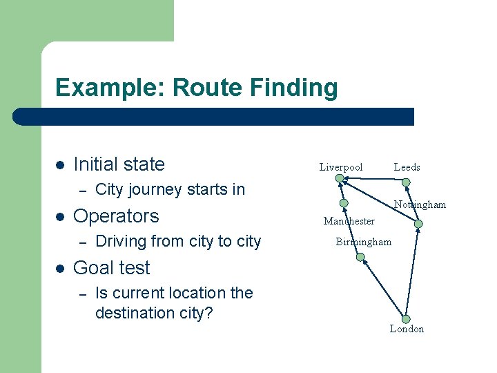 Example: Route Finding l Initial state – l l Leeds City journey starts in