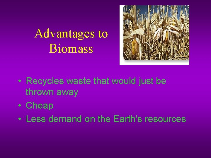 Advantages to Biomass • Recycles waste that would just be thrown away • Cheap