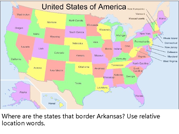 Where are the states that border Arkansas? Use relative location words. 