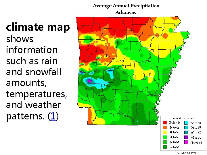 climate map shows information such as rain and snowfall amounts, temperatures, and weather patterns.