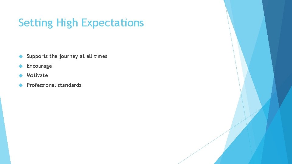 Setting High Expectations Supports the journey at all times Encourage Motivate Professional standards 