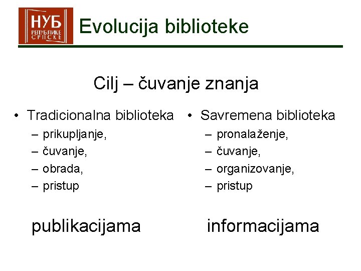 Evolucija biblioteke Cilj – čuvanje znanja • Tradicionalna biblioteka • Savremena biblioteka – –
