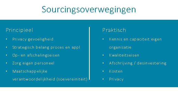 Sourcingsoverwegingen Principieel Praktisch Kennis en capaciteit eigen • Privacy gevoeligheid • Strategisch belang proces