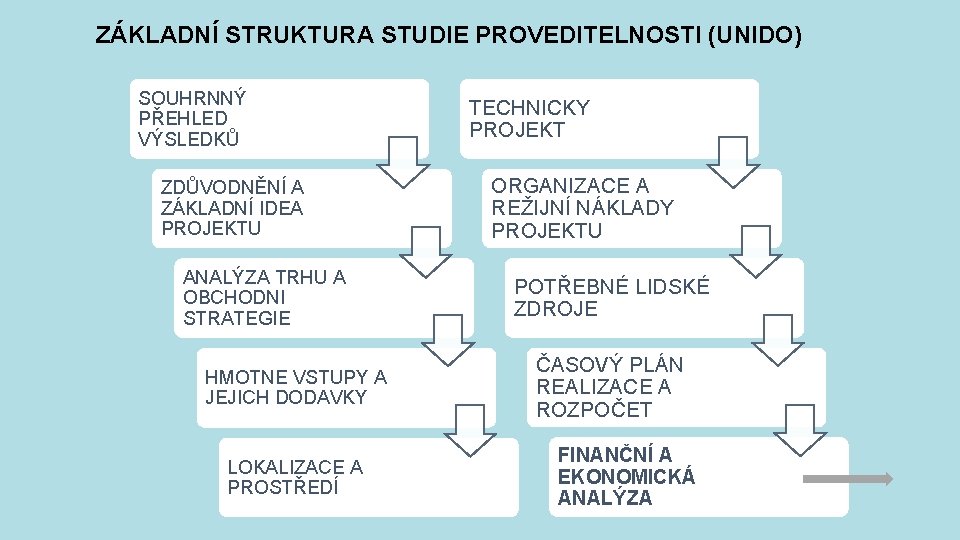 ZÁKLADNÍ STRUKTURA STUDIE PROVEDITELNOSTI (UNIDO) SOUHRNNÝ PŘEHLED VÝSLEDKŮ ZDŮVODNĚNÍ A ZÁKLADNÍ IDEA PROJEKTU ANALÝZA