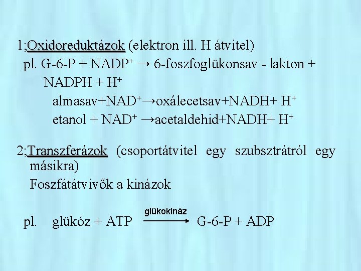 1; Oxidoreduktázok (elektron ill. H átvitel) pl. G-6 -P + NADP+ → 6 -foszfoglükonsav