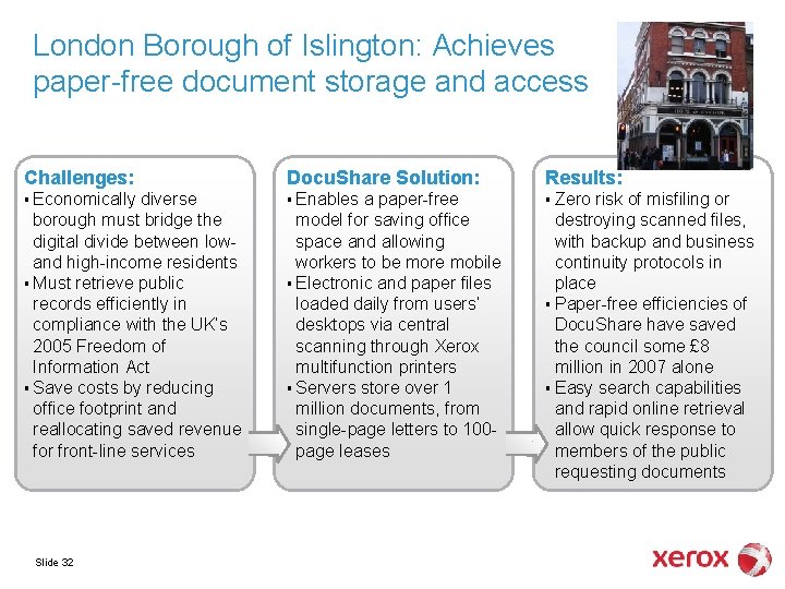 London Borough of Islington: Achieves paper-free document storage and access Challenges: Docu. Share Solution: