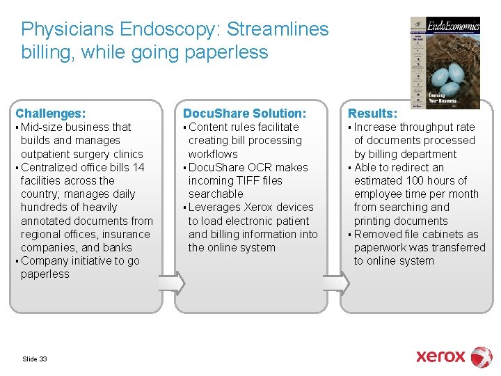 Physicians Endoscopy: Streamlines billing, while going paperless Challenges: Docu. Share Solution: Results: § Mid-size