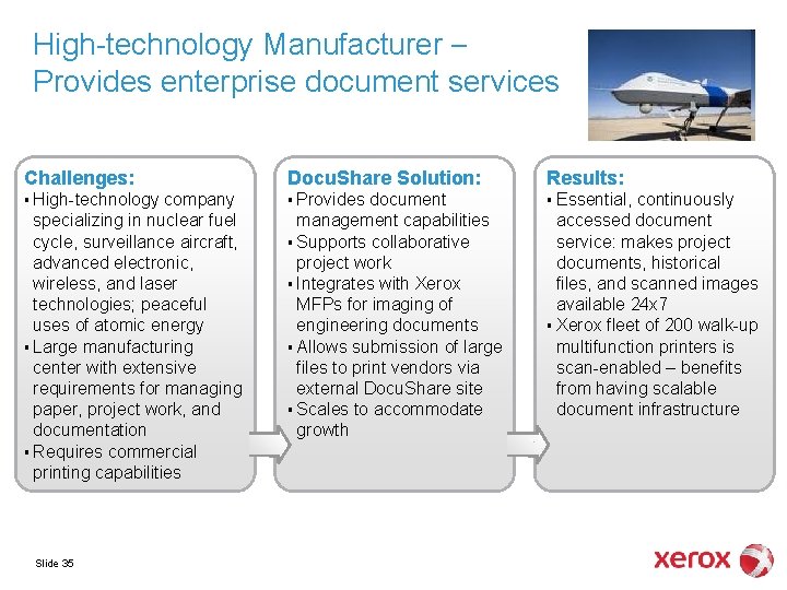 High-technology Manufacturer – Provides enterprise document services Challenges: Docu. Share Solution: Results: § High-technology